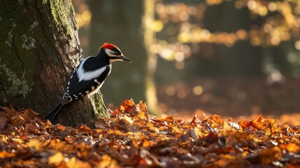 Poster - A black and white woodpecker perched on a tree trunk in an autumn forest, surrounded by fallen leaves, bathed in warm sunlight.