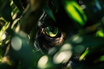 Poster - Close-up of a black cat's eye peering through green foliage.