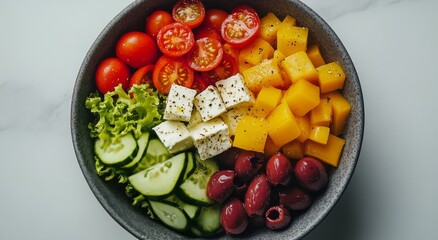 Wall Mural - Colorful salad bowl filled with fresh vegetables and cheese arranged artistically for a healthy meal