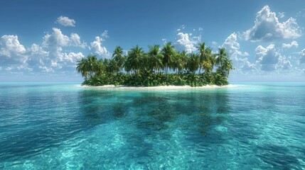 Wall Mural - Tropical island with palm trees in turquoise ocean under blue sky.