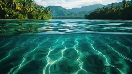 Wall Mural - Tropical lagoon split view underwater light, island, lush jungle background.