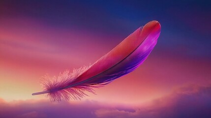 Wall Mural -  A purple and pink feather floats in the air against a backdrop of pink and blue skies, with clouds framing the scene