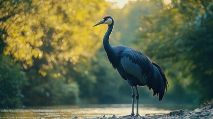 Poster - A majestic blue crane stands gracefully by a tranquil river, bathed in the warm glow of the setting sun.