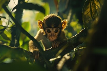 Poster - Adorable baby monkey clinging to a tree branch in lush green foliage.