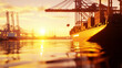Loading Container on Cargo Ship at Dock with Cranes and Sunset