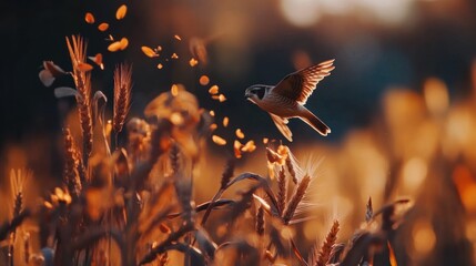 Aufkleber - A small falcon in flight, hunting amidst tall, golden wheat stalks at sunset.