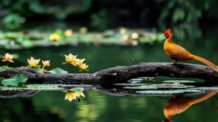 Poster - Golden pheasant perched on a log above a pond with water lilies, reflecting in the water.