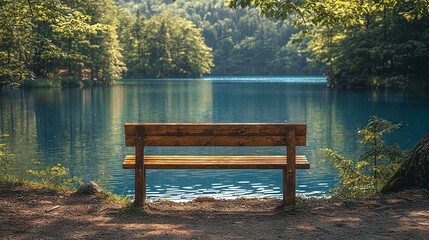 Poster -   A wooden bench rests atop a dirt field beside a body of water, surrounded by tall trees