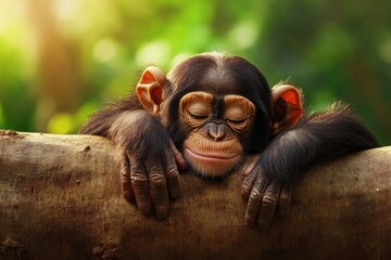 Poster - Adorable baby chimpanzee sleeping peacefully on a tree branch in a lush green forest.