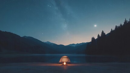 Wall Mural - A tent sitting on top of a lake under a starry sky