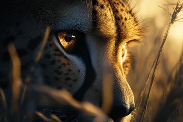 Aufkleber - Close-up of a cheetah's face at sunset, partially hidden in tall grass.