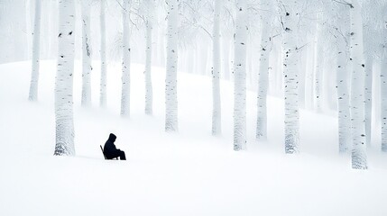 Wall Mural -   A person sitting in snow, amidst tall, slender trees blanketed with snow