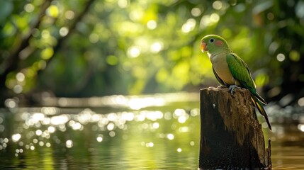 Poster - A vibrant green parrot perched on a wooden stump beside a tranquil stream, bathed in sunlight.