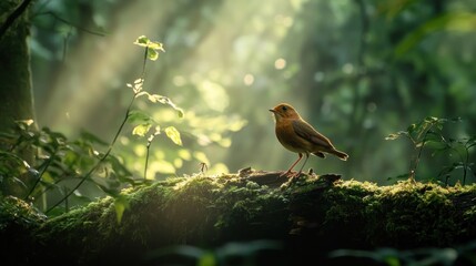 Poster - A small orange bird perches on a moss-covered log in a sun-dappled forest.