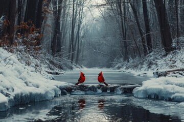 Aufkleber - Two red cardinals perched on rocks in a snowy forest stream.