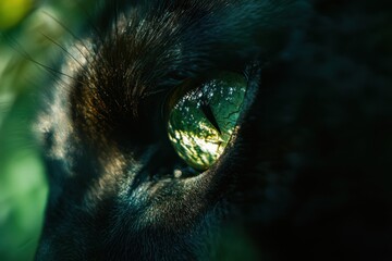 Poster - Close-up of a cat's luminous green eye, dark fur, sunlight reflecting.