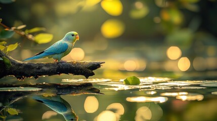 Poster - A blue and yellow parakeet perches on a branch over calm water reflecting sunlight and foliage.