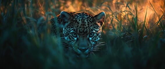 Aufkleber - Majestic jaguar hidden in tall grass at sunset, intense gaze.