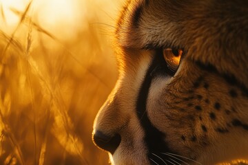 Aufkleber - Close-up profile of a cheetah's face at sunset, illuminated by golden light, with tall grass in the background.