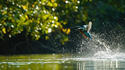 Poster - Kingfisher diving into water, splashing, vibrant blue feathers, green foliage background.