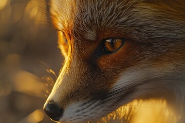 Poster - Close-up of a red fox's face, illuminated by golden sunlight.
