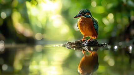 Poster - Common kingfisher perched on rock by calm water, reflecting in the surface, sunlit green background.