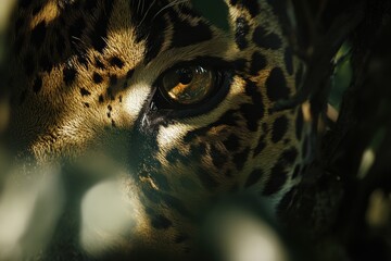 Poster - Close-up of a jaguar's eye peering through foliage, sunlit.