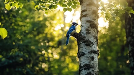 Poster - Blue jay perched on birch tree trunk, sunlight filtering through leaves.