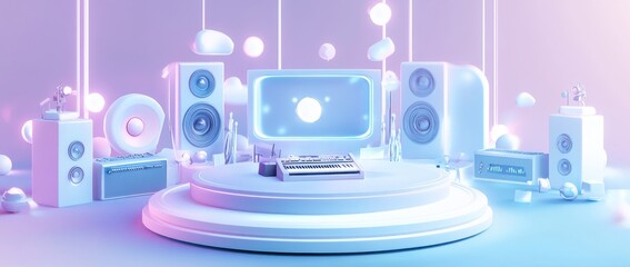Aufkleber - Pastel-colored 3D rendering of a music studio setup with speakers, a monitor, and a mixer on a platform.