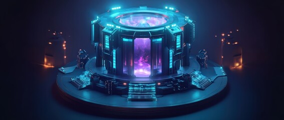 Poster - Futuristic glowing cylindrical machine with purple core, surrounded by dark blue tech elements on a circular platform.