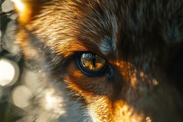Poster - Close-up of a fox's intense amber eye, fur, and face, sunlit.