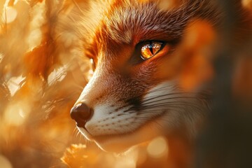 Aufkleber - Close-up of a red fox's face, partially hidden in autumn leaves, illuminated by warm sunlight.