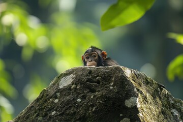 Aufkleber - A young chimpanzee rests on a rock, peering over the top, surrounded by lush green foliage.