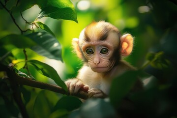 Poster - Adorable baby monkey clinging to a tree branch in lush green foliage. (3)