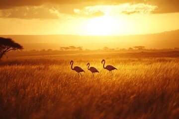 Aufkleber - Three flamingos walk through tall grass at sunset in the African savanna.
