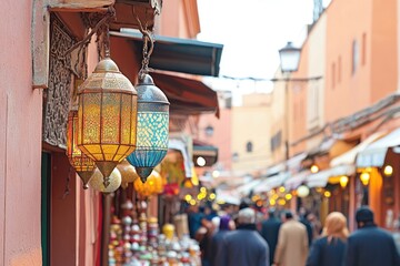 Aufkleber - Colorful lanterns hanging in a bustling Moroccan market street, with people shopping and walking.