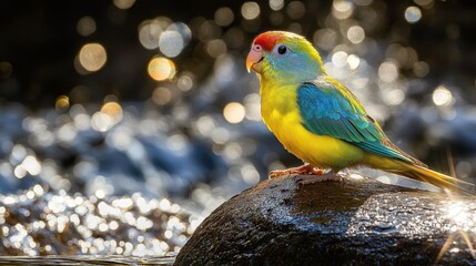 Poster - Vibrant colorful parrot perched on a rock near a sparkling stream.