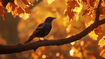 Poster - A starling perched on a branch amidst vibrant autumn foliage, bathed in warm sunlight.