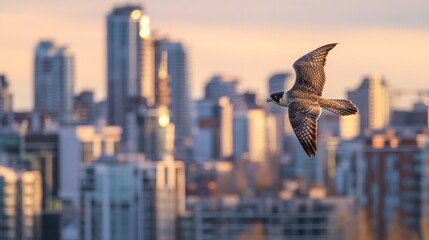 Aufkleber - Peregrine falcon in flight over a city skyline at sunrise.