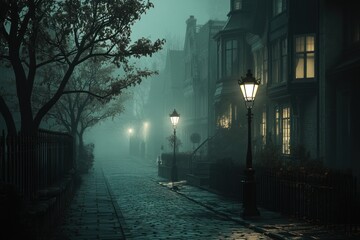 Aufkleber - Foggy night street scene with vintage lamp posts and houses.