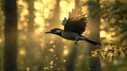 Aufkleber - A woodpecker in flight at sunset, wings spread, in a sunlit forest.