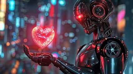 Leinwandbilder - A sleek robot stands in a vibrant, illuminated city, gently cradling a sparkling heart. Neon lights and skyscrapers create a romantic atmosphere, capturing the spirit of Valentine's Day.