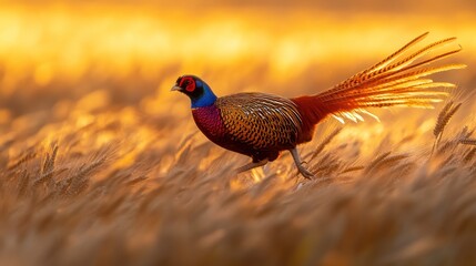 Aufkleber - Male pheasant running through golden wheat field at sunset.