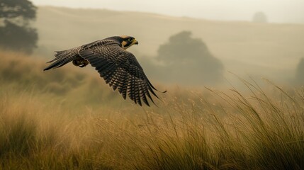 Aufkleber - Peregrine falcon in flight over tall grass in a misty landscape.