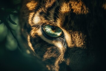 Poster - Close-up of a leopard's intense green eye, partially hidden in shadows.