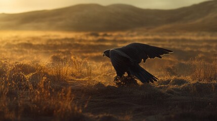 Aufkleber - Peregrine falcon landing in golden sunrise light, wings spread wide, low angle view.