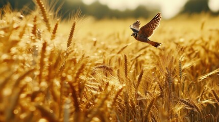 Aufkleber - American kestrel bird in flight over golden wheat field at sunset.