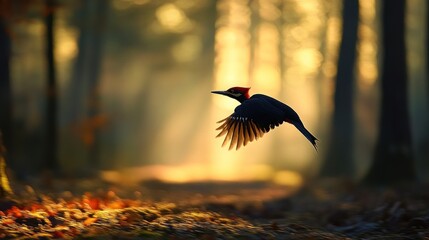 Aufkleber - A red-headed woodpecker in flight through a sunlit forest.
