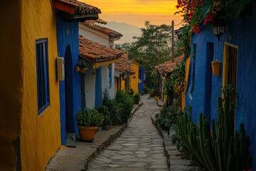 Aufkleber - Colorful houses line a cobblestone street at sunset, creating a picturesque scene.
