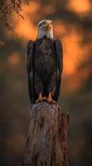 Aufkleber - Majestic bald eagle perched on a weathered tree stump against a vibrant sunset backdrop.